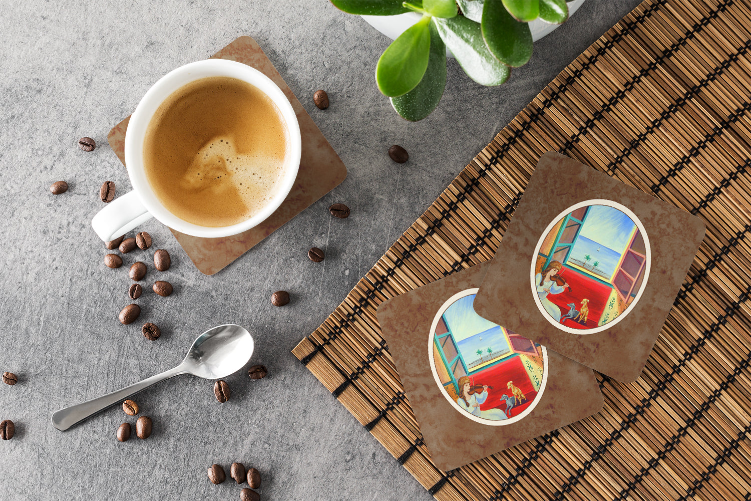 Italian Greyhounds and Violinist Foam Coasters Set of 4 Cup Coasters for Indoor Outdoor, Tabletop Protection, Anti Slip, Mouse pad Material