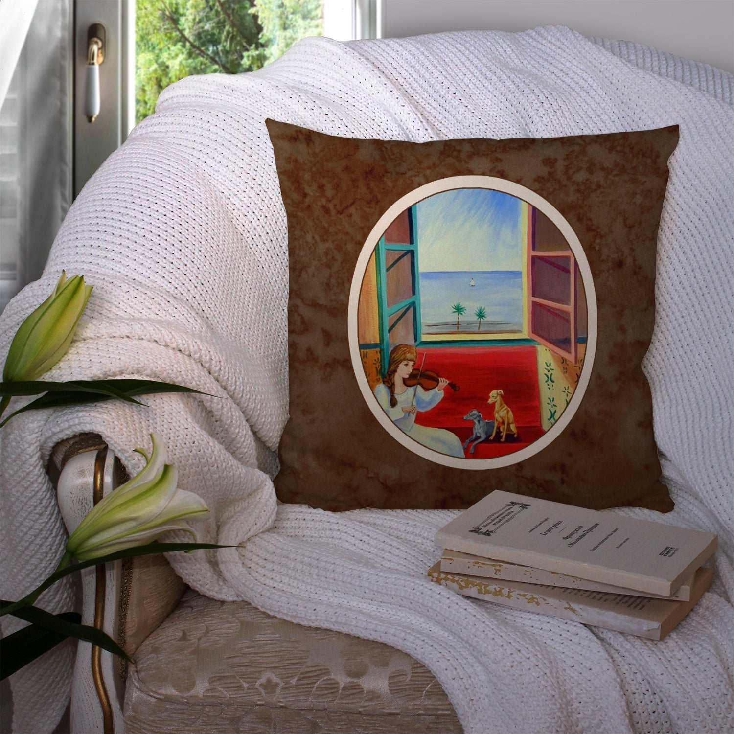 Italian Greyhounds and Violinist Decorative Throw Pillow 14x14 Indoor Outdoor Accent Cushion, Fabric Cover with Insert for Sofa, Bed, Porch & Living Room