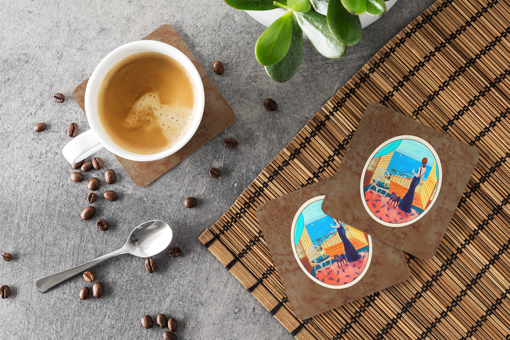 Lady with her Pug Foam Coasters Set of 4 Cup Coasters for Indoor Outdoor, Tabletop Protection, Anti Slip, Mouse pad Material