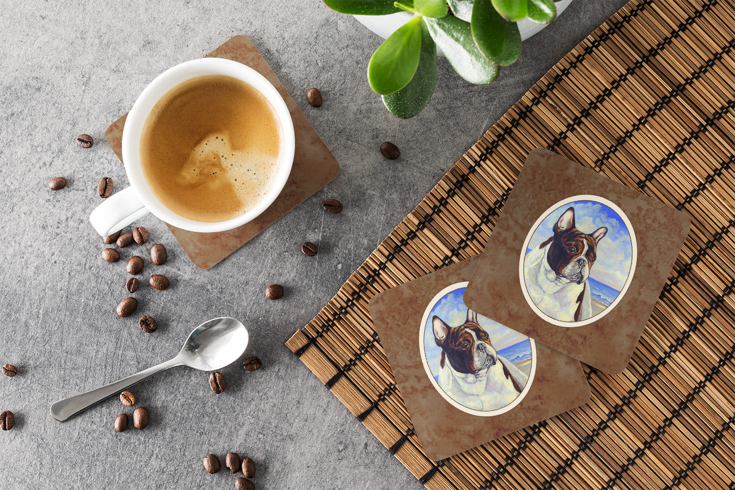 French Bulldog at the beach Foam Coasters Set of 4 Cup Coasters for Indoor Outdoor, Tabletop Protection, Anti Slip, Mouse pad Material