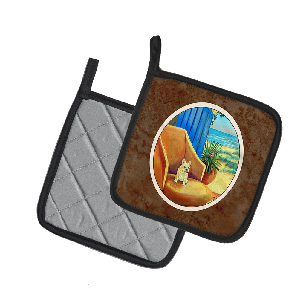 French Bulldog at the beach cottage Pot Holder Set of 2 Heat Resistant Quilted Hot Pads 7.5 x 7.5 Inch, Insulated Kitchen Trivets for Cooking & Baking