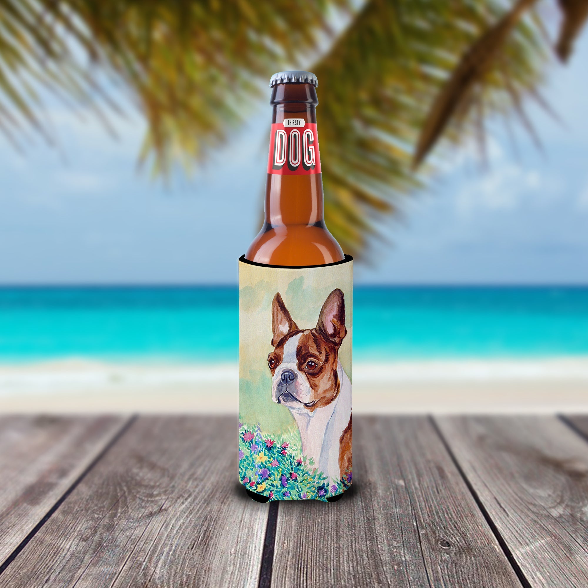 Red and White Boston Terrier Slim Can Hugger , Insulated Foam Hugger for 12 oz Slim Cans, Beer Bottles & Water Bottles, Printed in USA