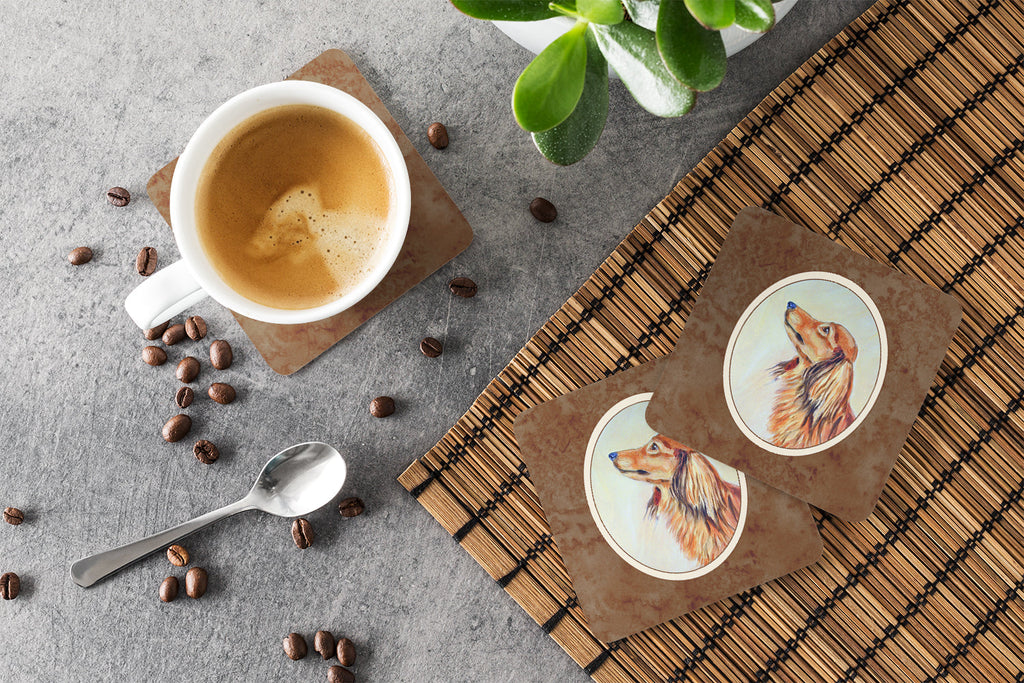Long Haired Red Dachshund Foam Coasters Set of 4 Cup Coasters for Indoor Outdoor, Tabletop Protection, Anti Slip, Mouse pad Material