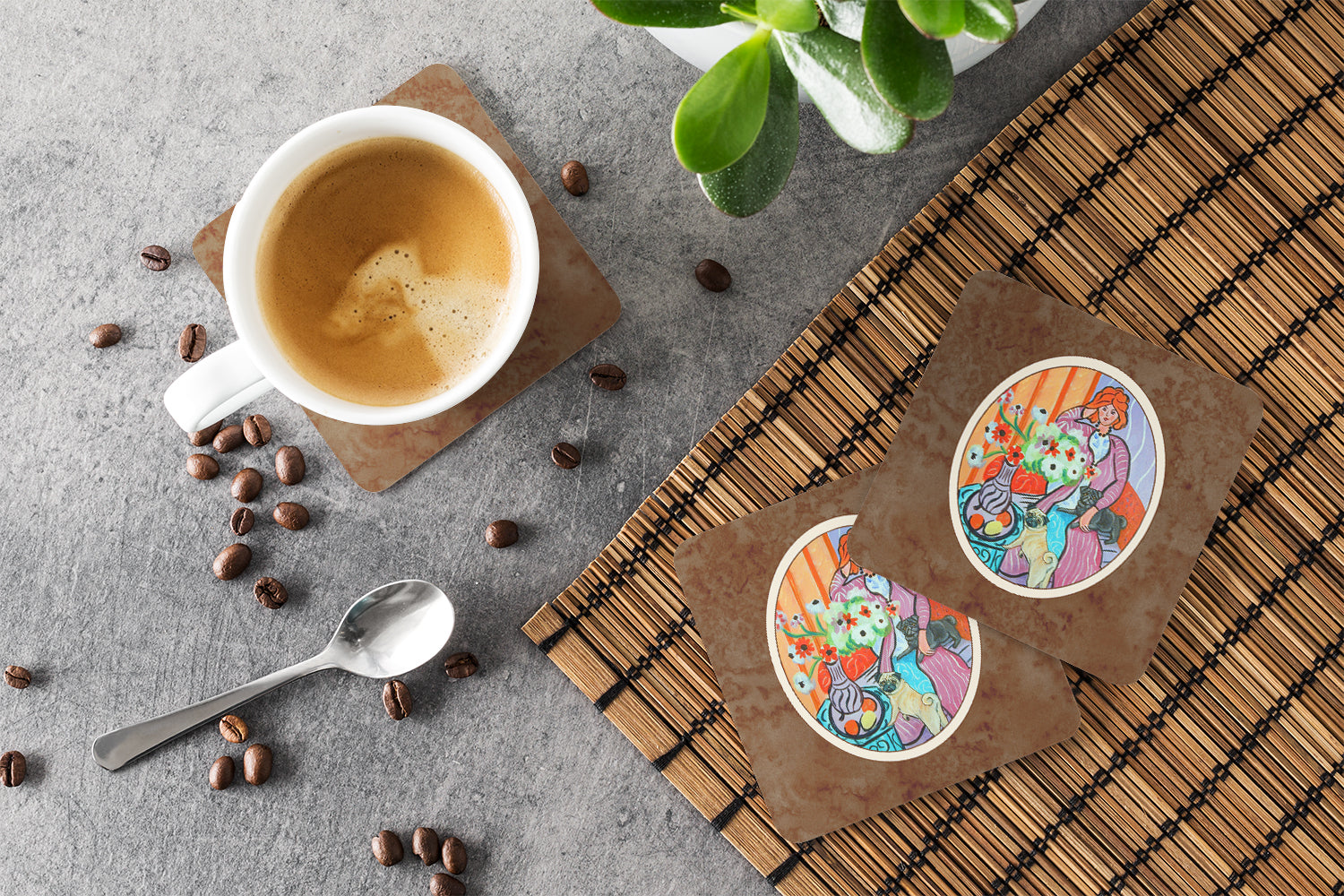 Lady with her Pug Foam Coasters Set of 4 Cup Coasters for Indoor Outdoor, Tabletop Protection, Anti Slip, Mouse pad Material