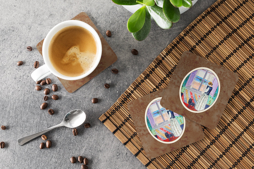 Lady with her Schipperke Foam Coasters Set of 4 Cup Coasters for Indoor Outdoor, Tabletop Protection, Anti Slip, Mouse pad Material