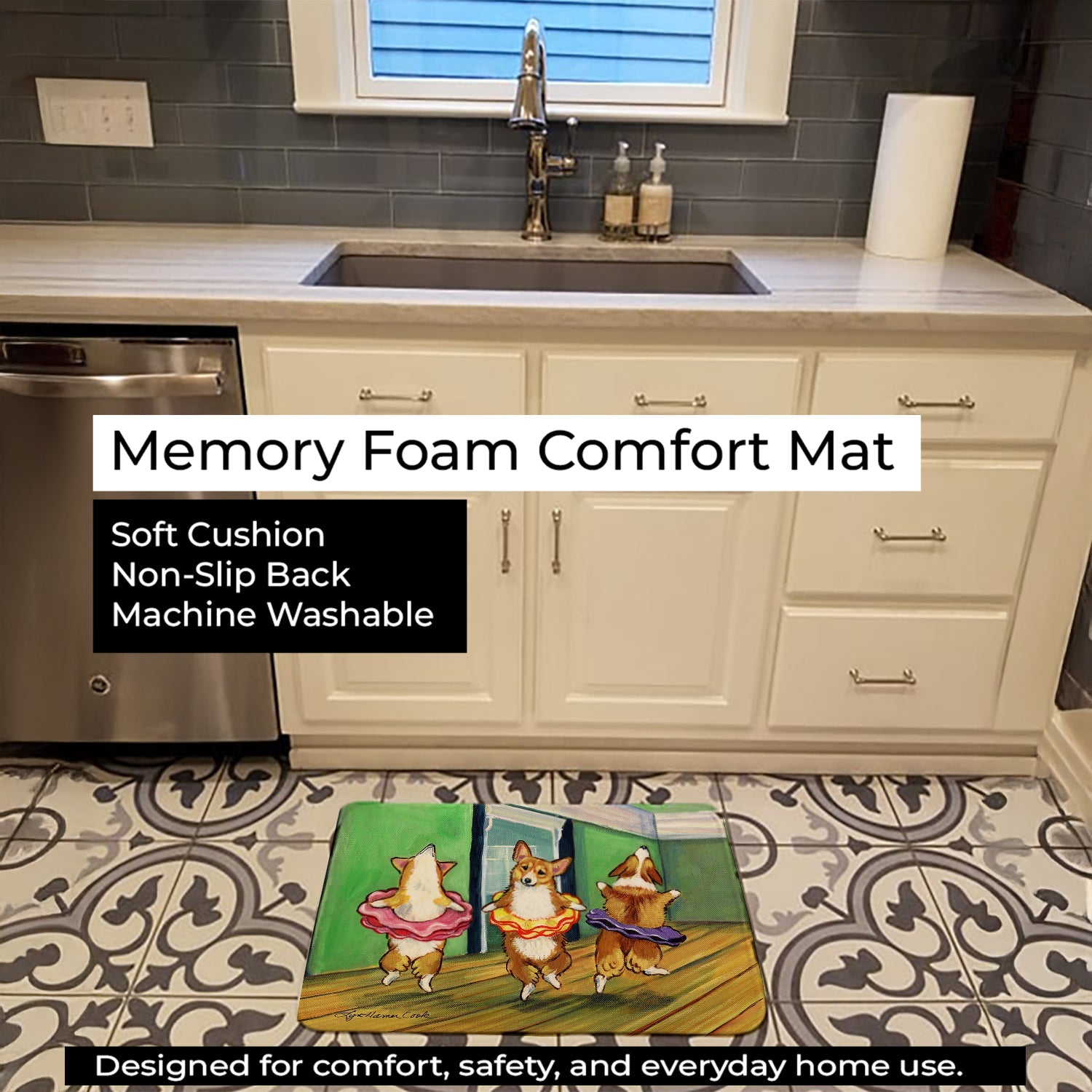 Little Ballerina Corgi Memory Foam Kitchen Mat Machine Washable Anti-Fatigue Cushion Comfort Bath or Kitchen Rug