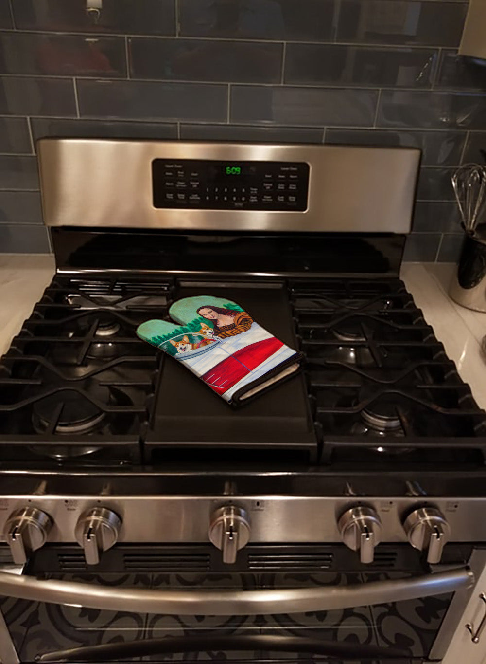 Mona Lisa with  Corgi Oven Mitt Heat Resistant Thick Oven Mitt for Hot Pans and Oven, Kitchen Mitt Protect Hands, Cooking Baking Glove