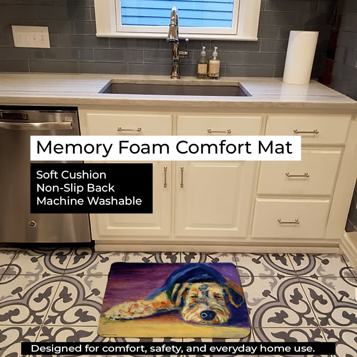 Snoozer Airedale Terrier Memory Foam Kitchen Mat Machine Washable Anti-Fatigue Cushion Comfort Bath or Kitchen Rug