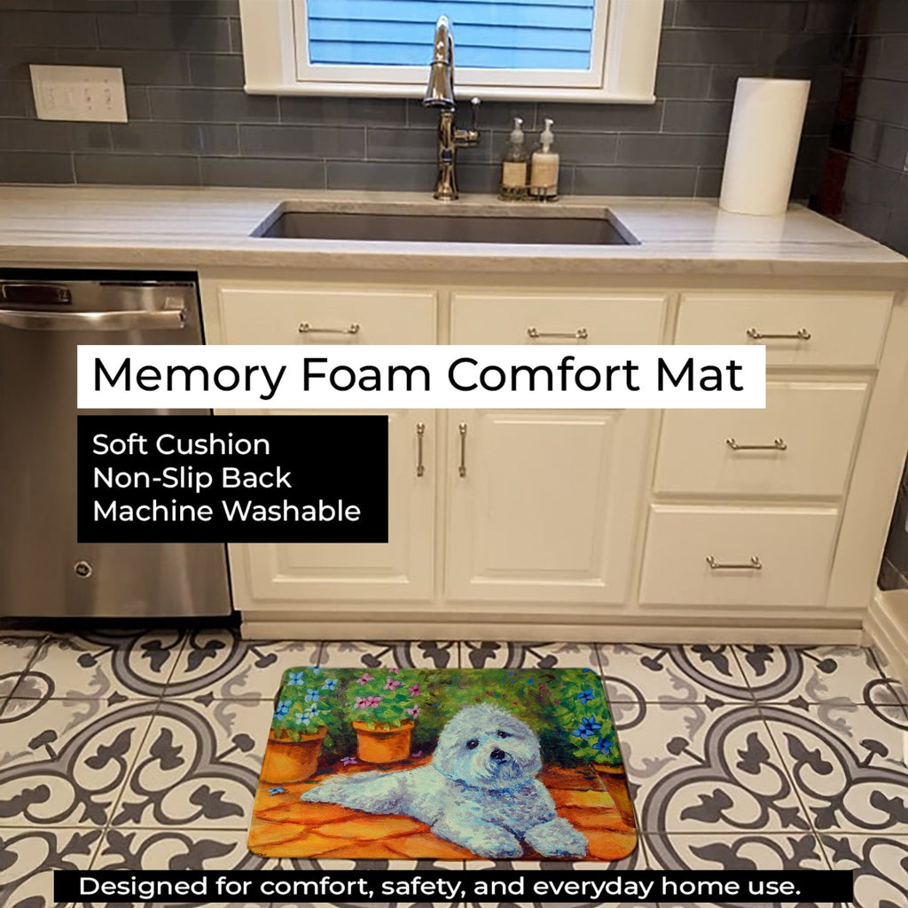 Bichon Frise on the patio Memory Foam Kitchen Mat Machine Washable Anti-Fatigue Cushion Comfort Bath or Kitchen Rug