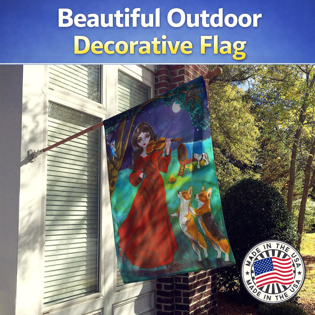 Fairy Moon Dance with Corgi House Flag 28x40 Porch Sleeve Pole Decorative Outside Yard Banner Artwork Wall Hanging, Polyester