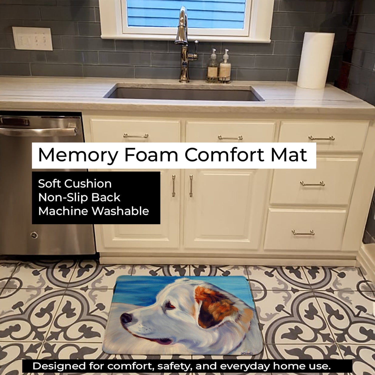 Great Pyrenees at the Beach Memory Foam Kitchen Mat Machine Washable Anti-Fatigue Cushion Comfort Bath or Kitchen Rug