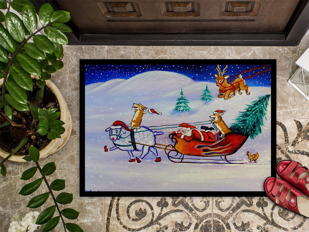 Corgi Highhacked Santa Claus Sleigh Doormat Indoor Outdoor 18H X 27W Front Door Mat Rugs for Entryway, Non Slip Washable