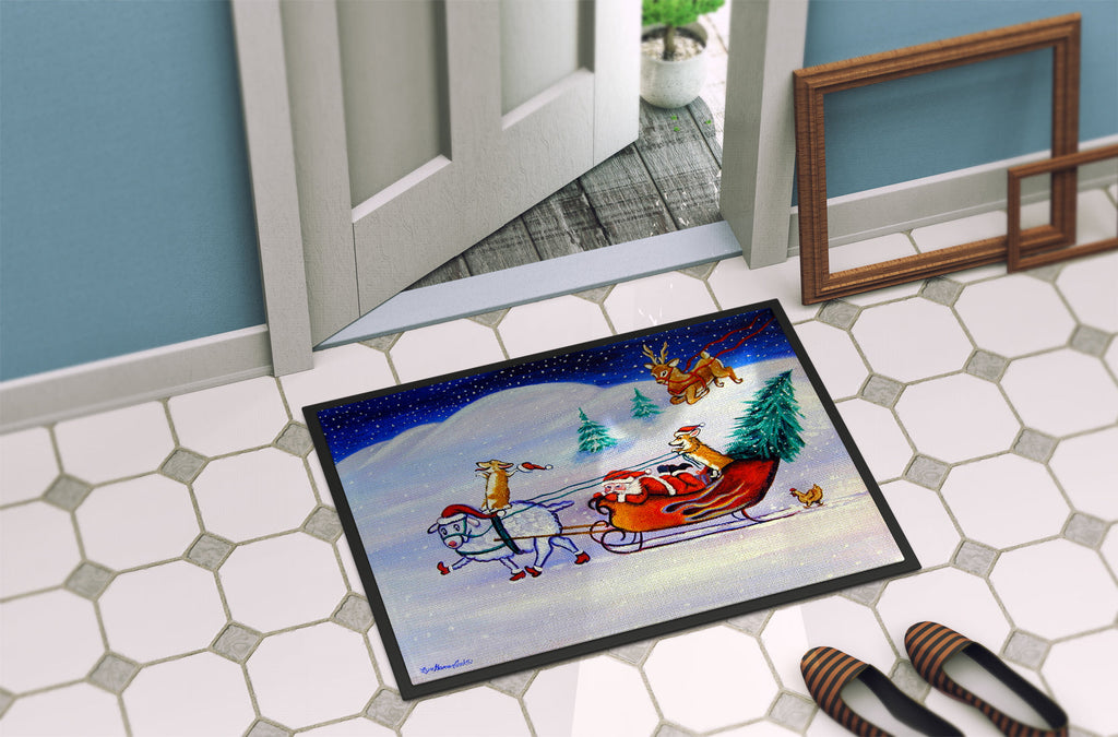 Corgi Highhacked Santa Claus Sleigh Doormat Indoor Outdoor 18H X 27W Front Door Mat Rugs for Entryway, Non Slip Washable