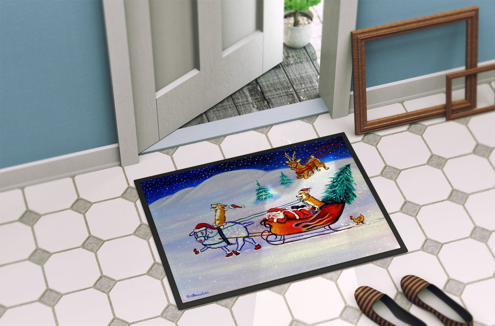 Corgi Highhacked Santa Claus Sleigh Doormat Indoor Outdoor 18H X 27W Front Door Mat Rugs for Entryway, Non Slip Washable