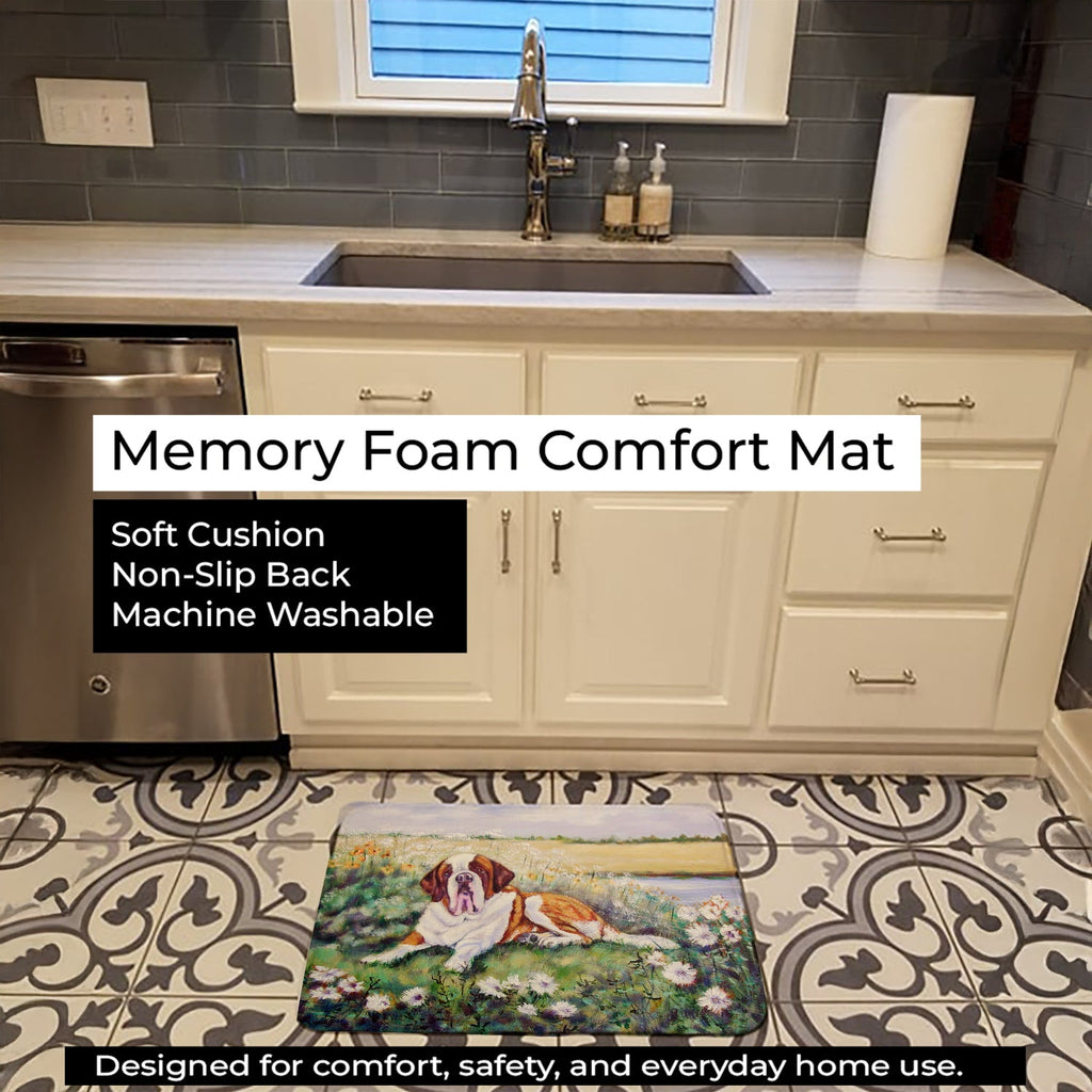 Saint Bernard in Flowers Memory Foam Kitchen Mat Machine Washable Anti-Fatigue Cushion Comfort Bath or Kitchen Rug