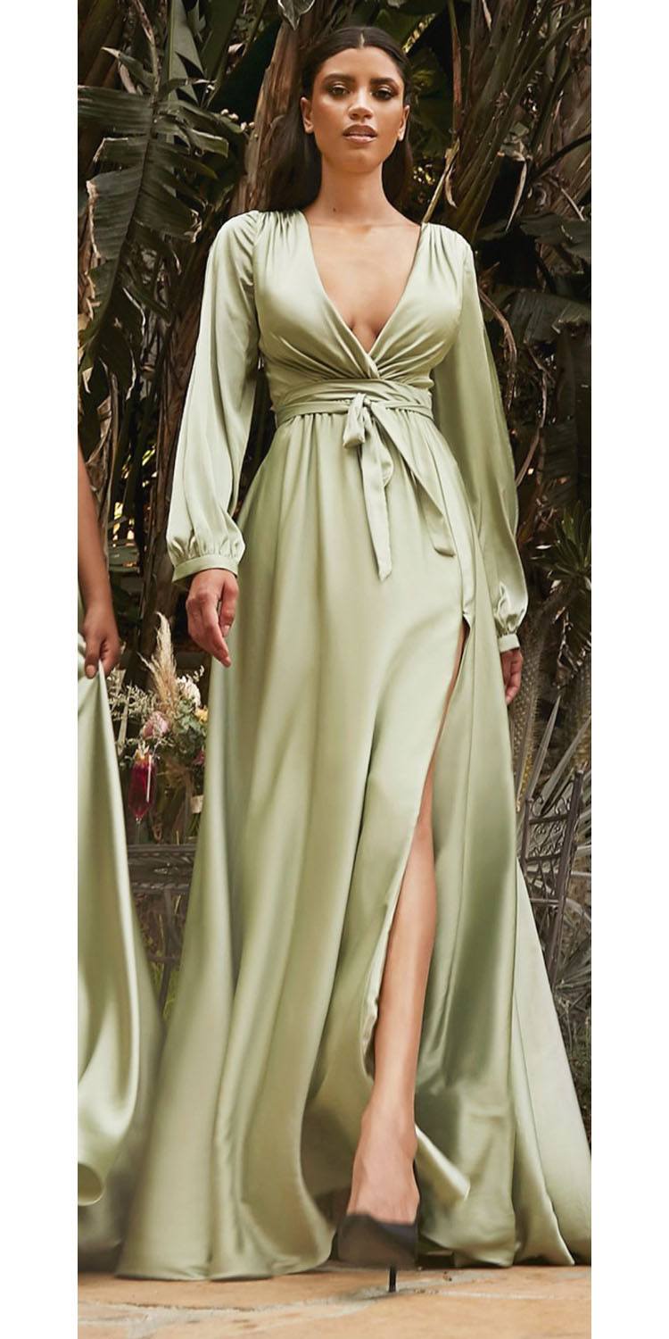 Cinderella Divine 7475C Long Split Blouson Sleeve Formal Dress Thigh Split