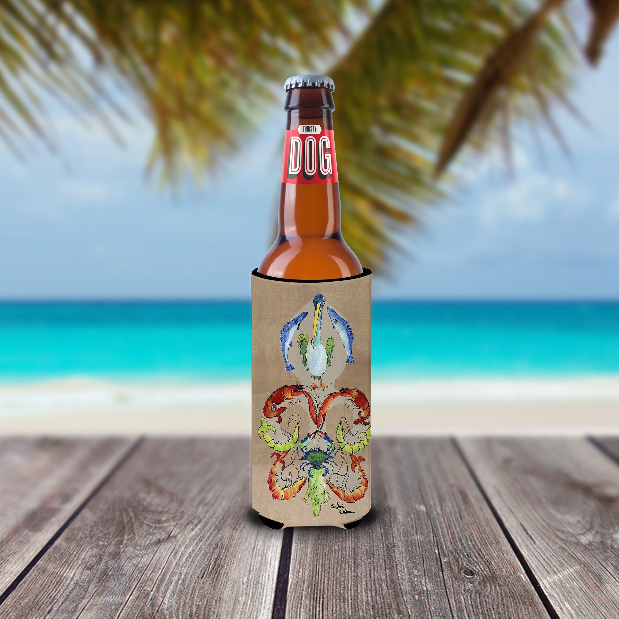 Crab Shrimp Pelican Crab and Gator Fleur de lis Slim Can Hugger , Insulated Foam Hugger for 12 oz Slim Cans, Beer Bottles & Water Bottles, Printed in USA