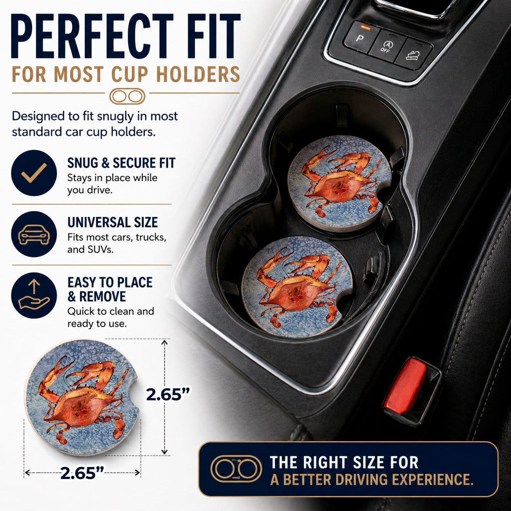 Cooked Crab Cool Blue Water Set of 2 Cup Holder Car Coasters Absorbent Round Sandstone Coasters Gifts for Men or Women, 2.5, Multicolor