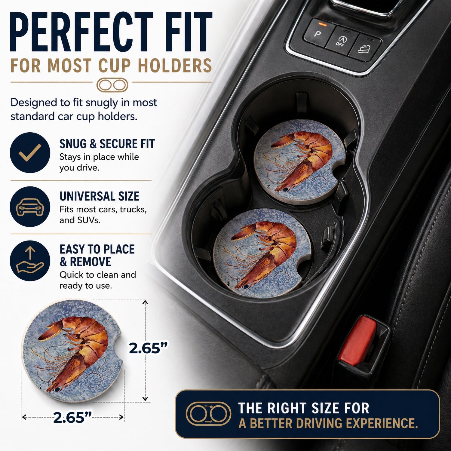 Cooked Shrimp Cool Blue Water Set of 2 Cup Holder Car Coasters Absorbent Round Sandstone Coasters Gifts for Men or Women, 2.5, Multicolor