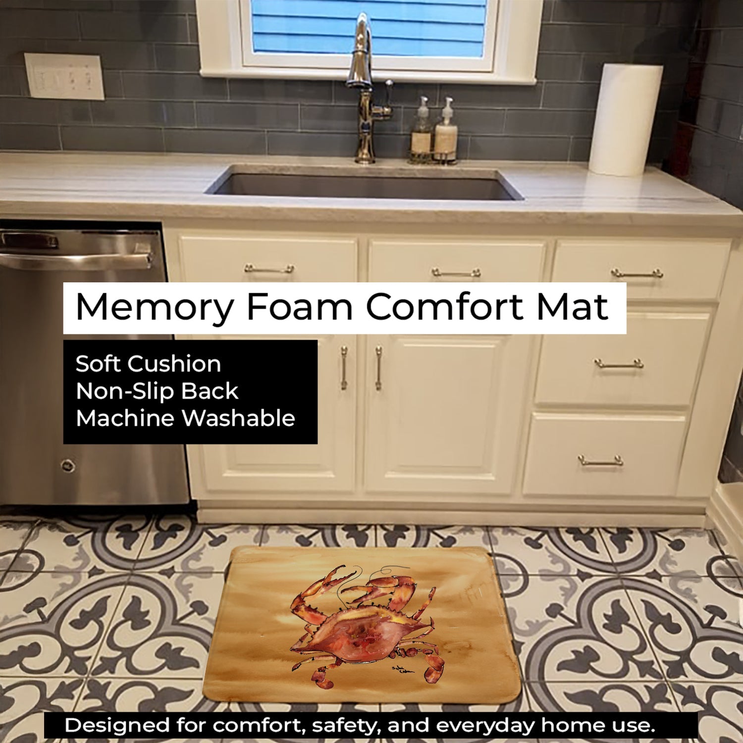 Cooked Crab Sandy Beach Memory Foam Kitchen Mat Machine Washable Anti-Fatigue Cushion Comfort Bath or Kitchen Rug