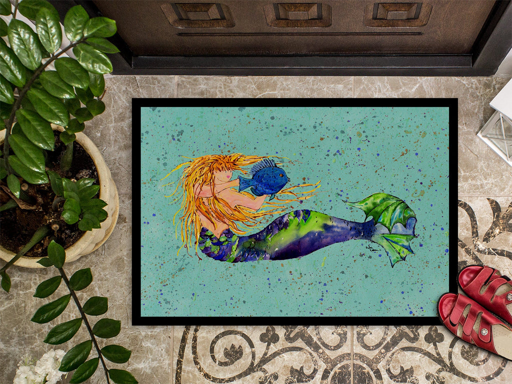 Blonde Mermaid on Teal Doormat Indoor Outdoor 24H X 36W Front Door Mat Rugs for Entryway, Non Slip Washable Low Pile,