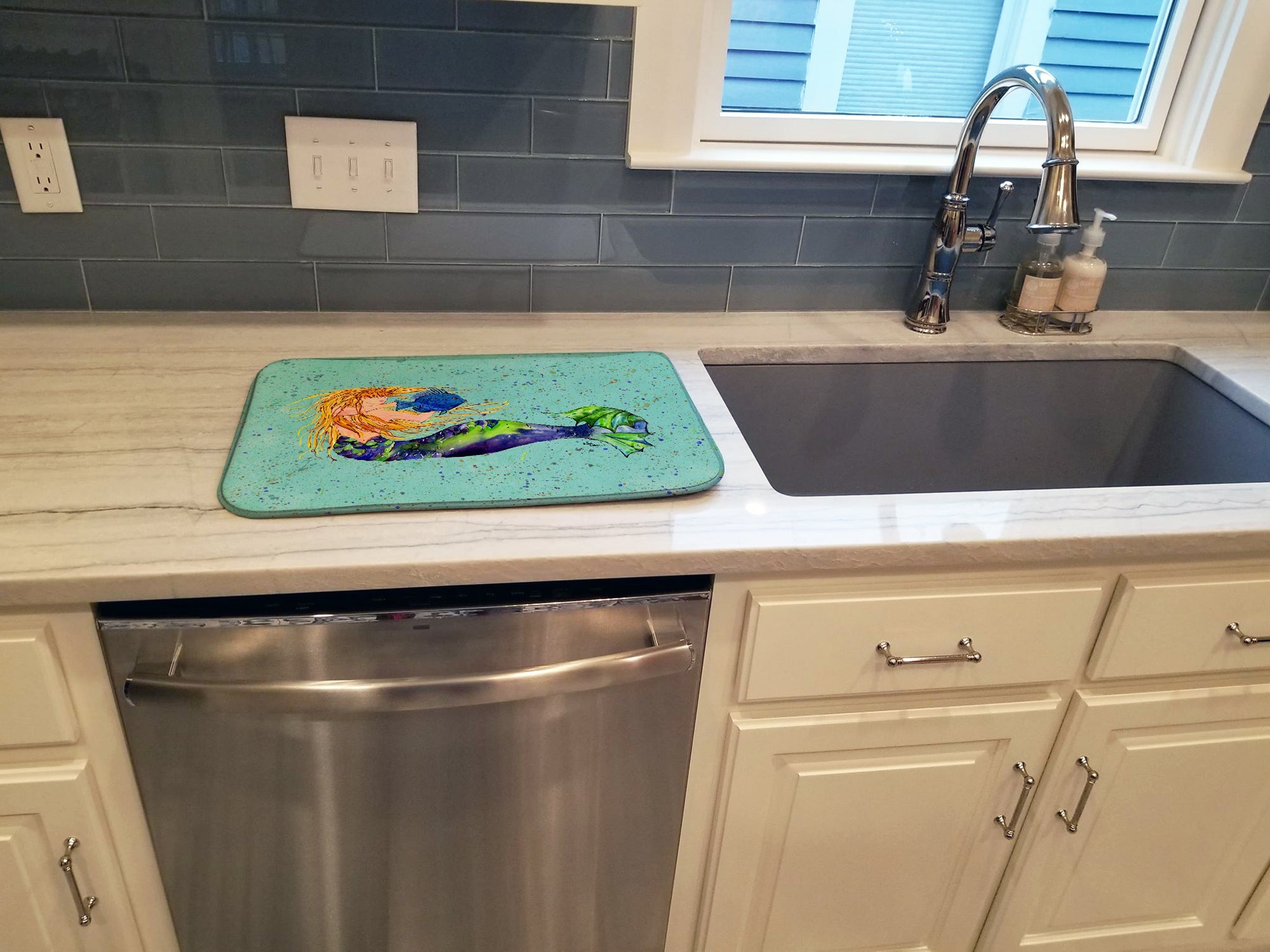 Blonde Mermaid on Teal Dish Drying Mat Absorbent Dish Drying Mat Pad for Kitchen Counter Dish Drainer Mat for Countertop, 14 x 21", Multicolor