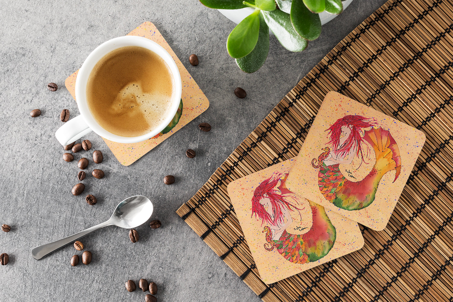 Red Headed Ginger Mermaid on Coral Foam Coasters Set of 4 Cup Coasters for Indoor Outdoor, Tabletop Protection, Anti Slip, Mouse pad Material