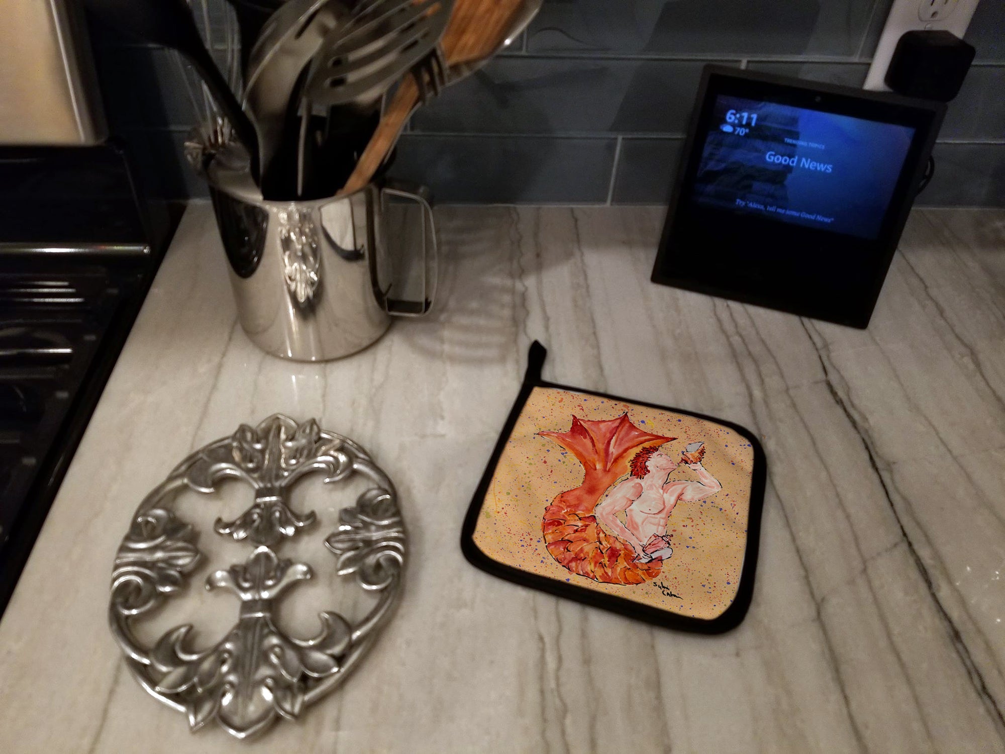 Red Headed Ginger Merman Pot Holder Set of 2 Heat Resistant Quilted Hot Pads 7.5 x 7.5 Inch, Insulated Kitchen Trivets for Cooking & Baking