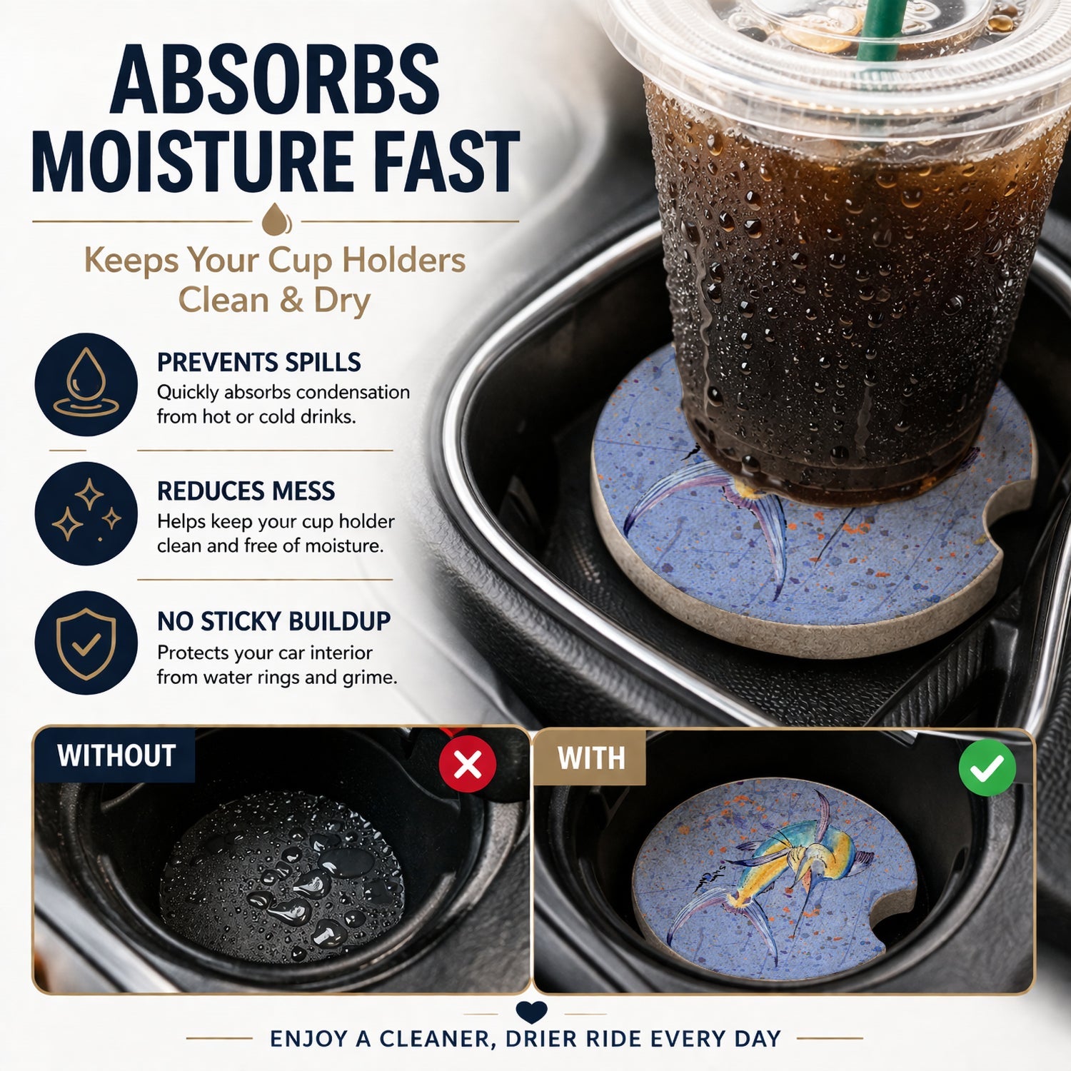 Blue Marlin Set of 2 Cup Holder Car Coasters Absorbent Round Sandstone Coasters Gifts for Men or Women, 2.5, Multicolor