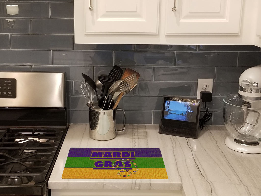 Mardi Gras Cutting Board Tempered Glass Kitchen Cutting Surface, Heat Resistant Chopping, Non-Slip Feet, Food Prep & Serving
