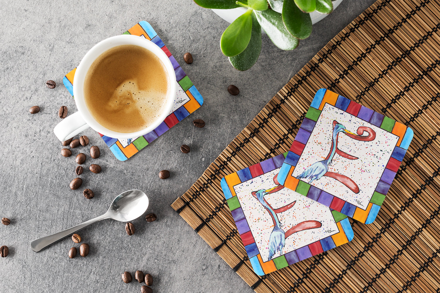 Beach and Seafood Letter E Foam Coasters Set of 4 Cup Coasters for Indoor Outdoor, Tabletop Protection, Anti Slip, Mouse pad Material