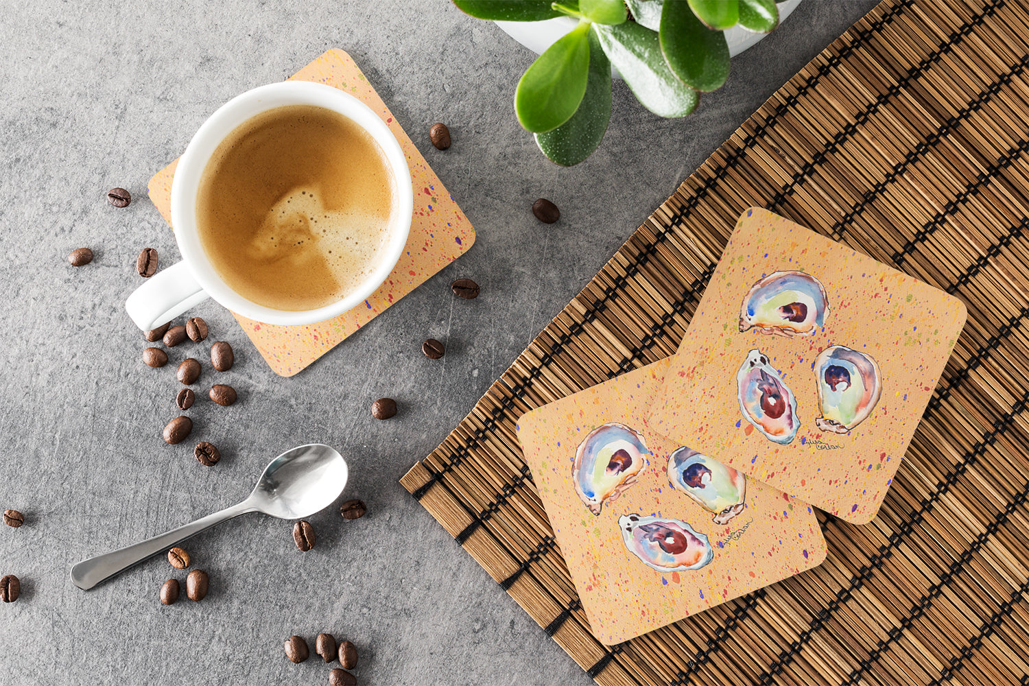 Oyster Foam Coasters Set of 4 Cup Coasters for Indoor Outdoor, Tabletop Protection, Anti Slip, Mouse pad Material