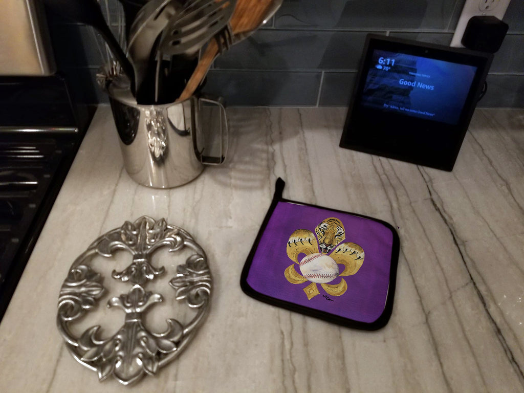 Tiger Fleur de Lis Baseball Pot Holder Set of 2 Heat Resistant Quilted Hot Pads 7.5 x 7.5 Inch, Insulated Kitchen Trivets for Cooking & Baking