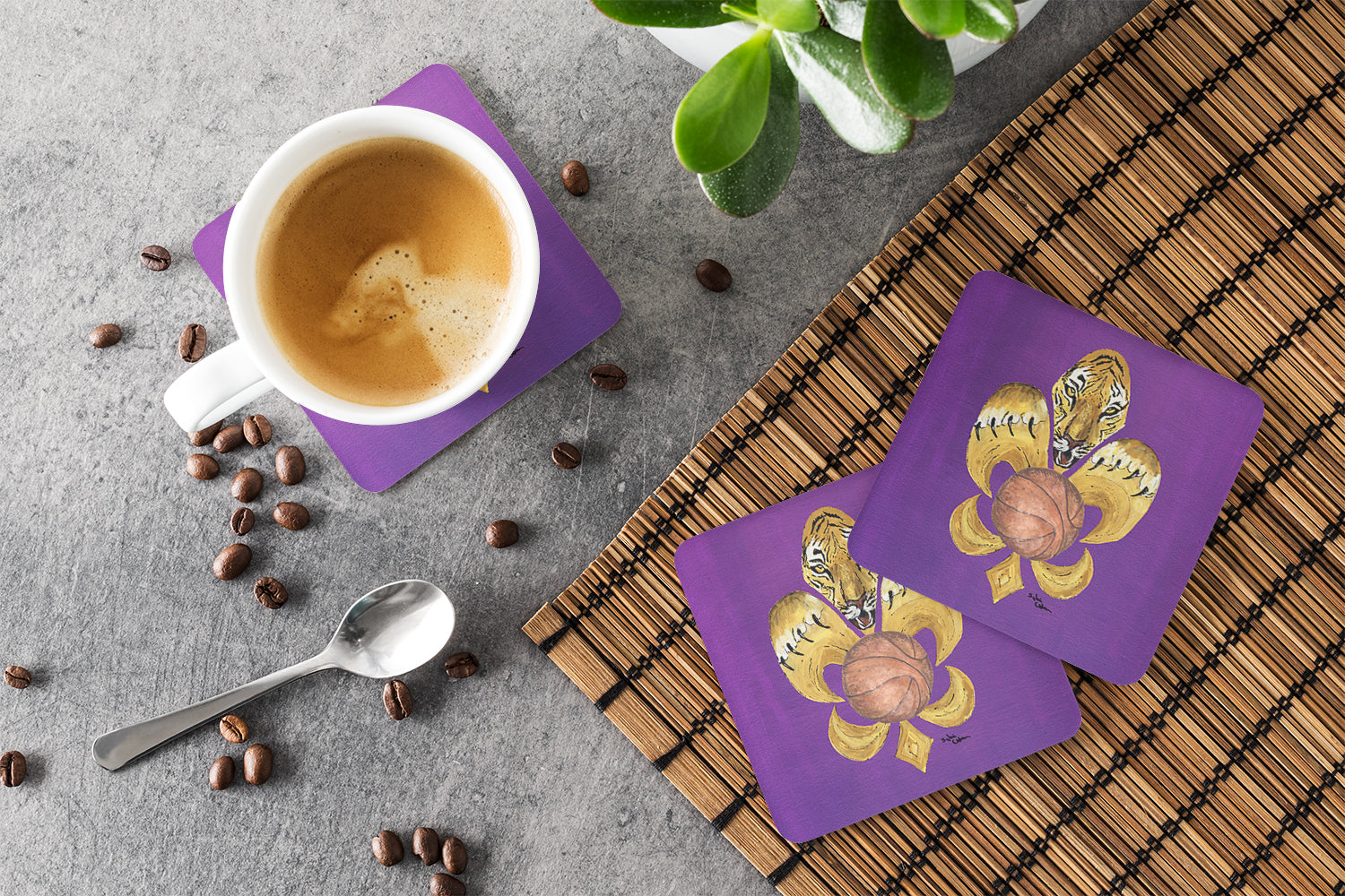Tiger Fleur de Lis Basketball Foam Coasters Set of 4 Cup Coasters for Indoor Outdoor, Tabletop Protection, Anti Slip, Mouse pad Material