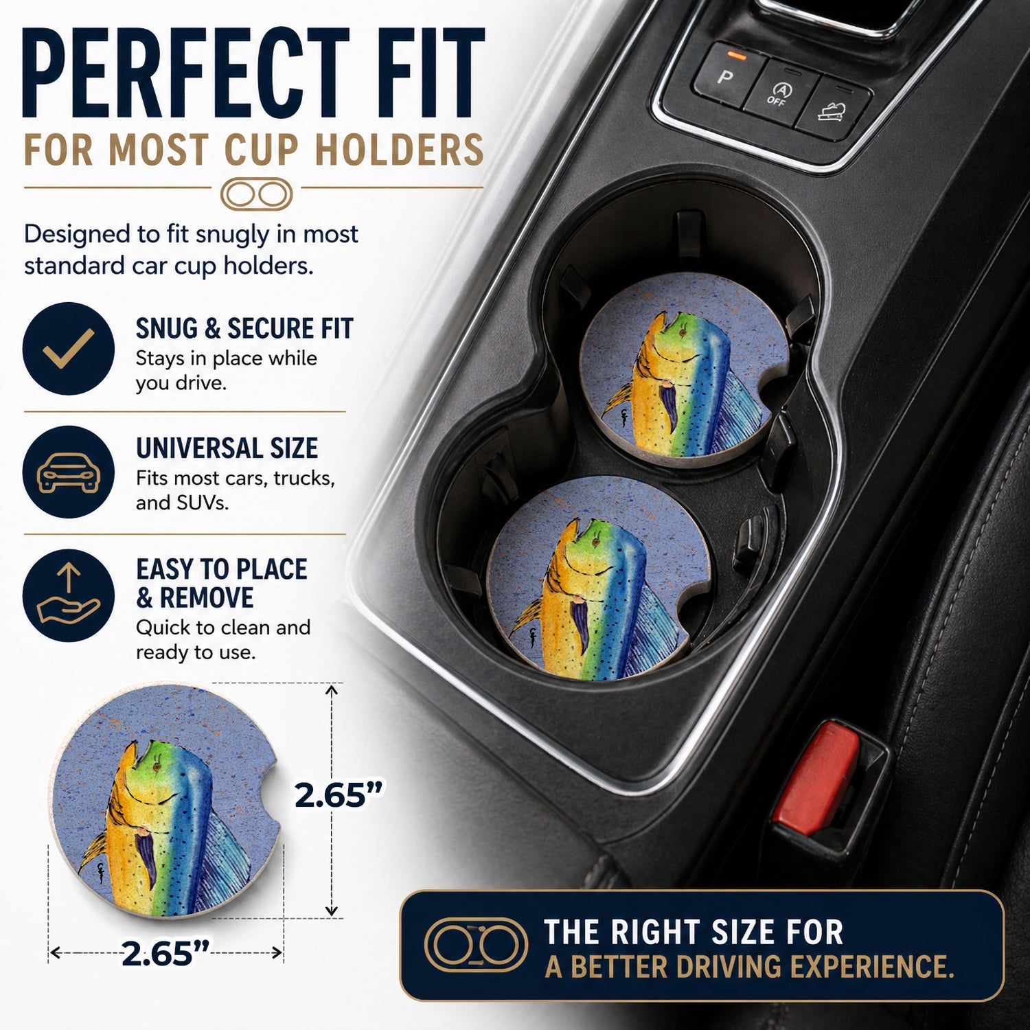 Dolphin Mahi Mahi Set of 2 Cup Holder Car Coasters Absorbent Round Sandstone Coasters Gifts for Men or Women, 2.5, Multicolor