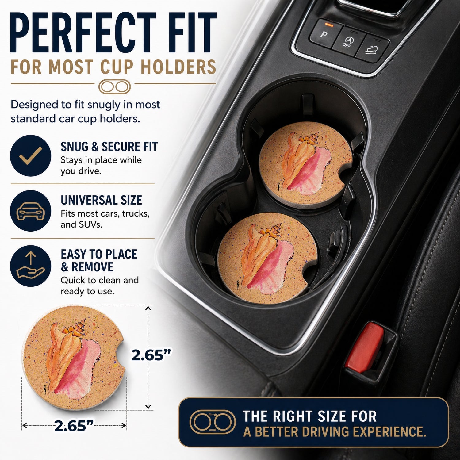 Shells Set of 2 Cup Holder Car Coasters Absorbent Round Sandstone Coasters Gifts for Men or Women, 2.5, Multicolor
