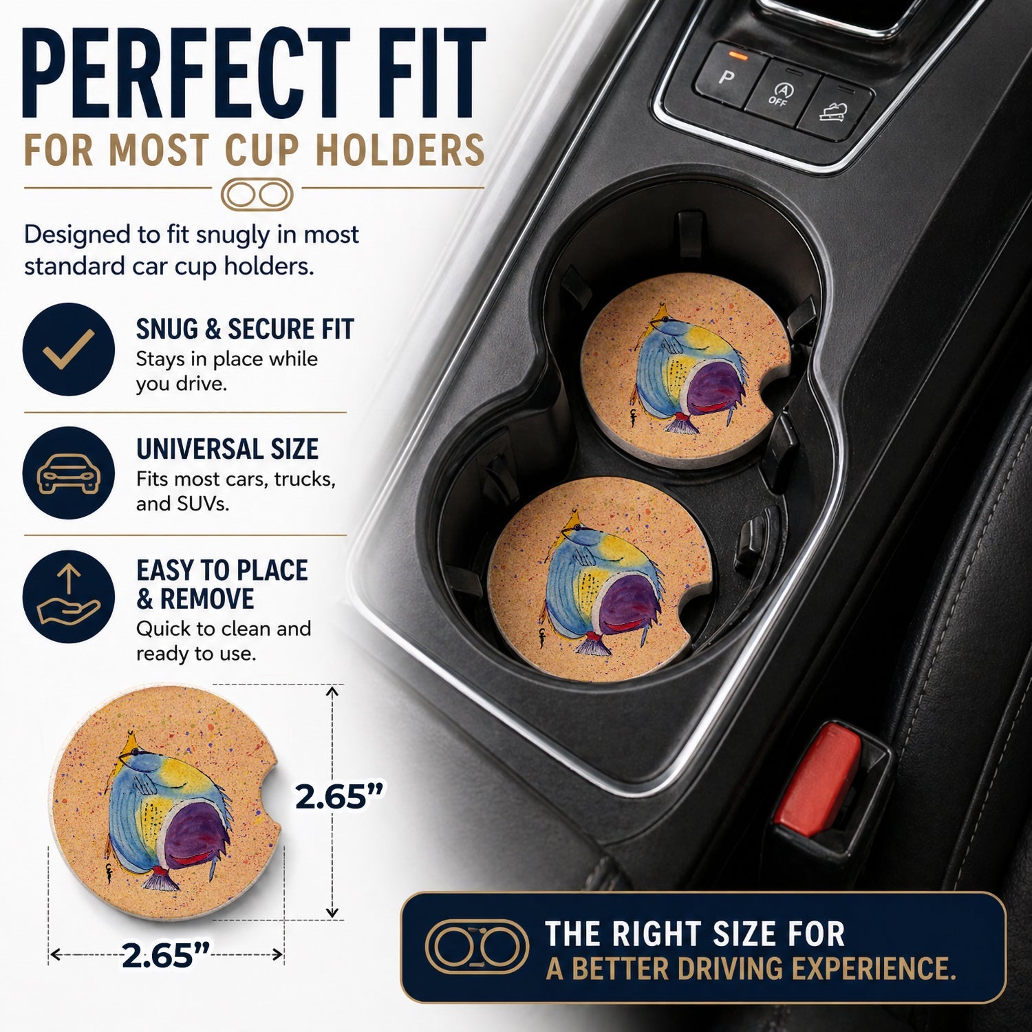 Tropical Fish Set of 2 Cup Holder Car Coasters Absorbent Round Sandstone Coasters Gifts for Men or Women, 2.5, Multicolor