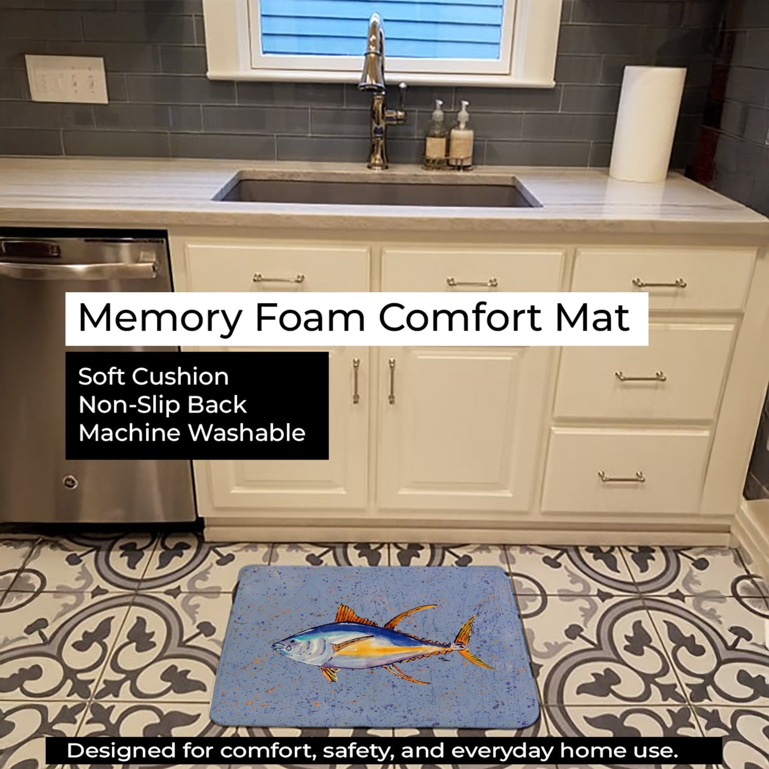Tuna Fish Memory Foam Kitchen Mat Machine Washable Anti-Fatigue Cushion Comfort Bath or Kitchen Rug