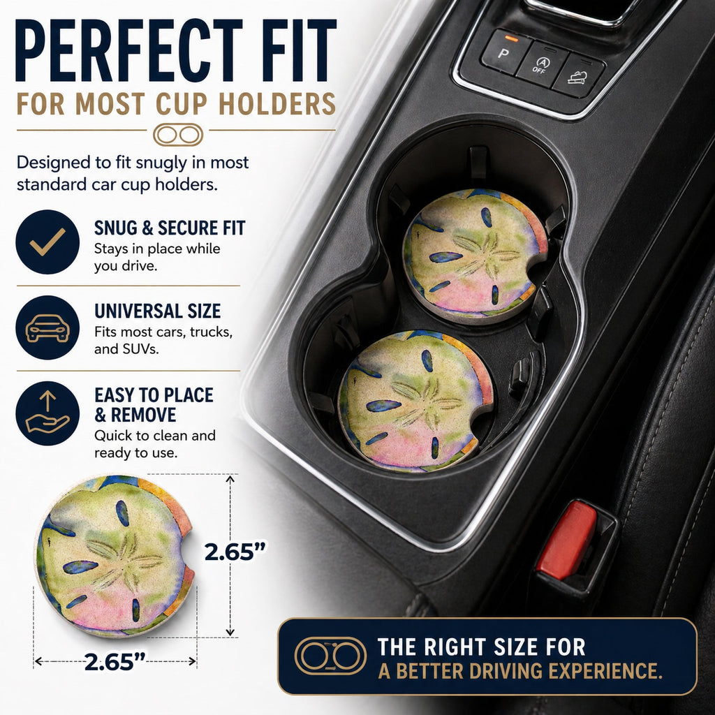 Sand Dollar Set of 2 Cup Holder Car Coasters Absorbent Round Sandstone Coasters Gifts for Men or Women, 2.5, Multicolor
