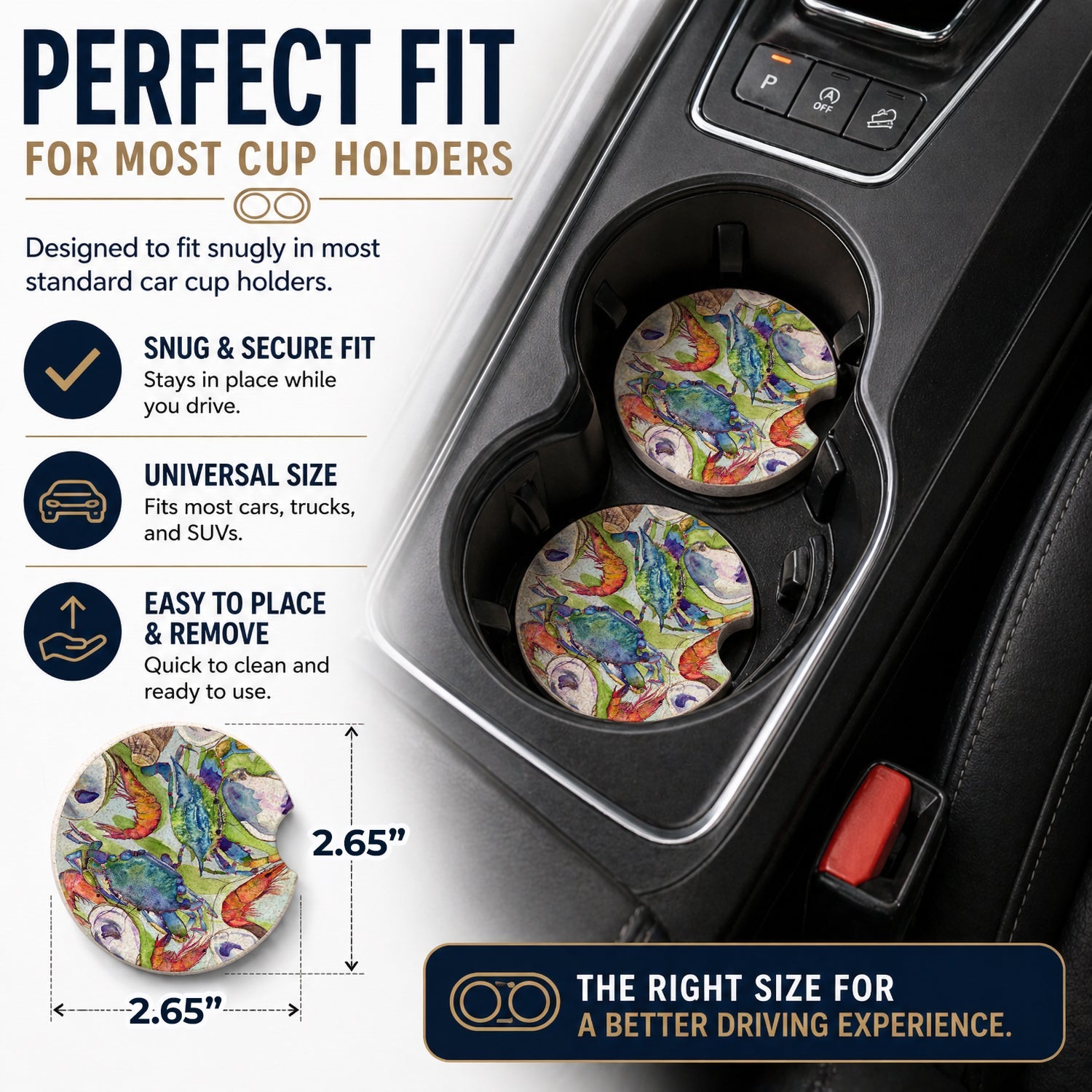 Crab Shrimp Oysters Set of 2 Cup Holder Car Coasters Absorbent Round Sandstone Coasters Gifts for Men or Women, 2.5, Multicolor