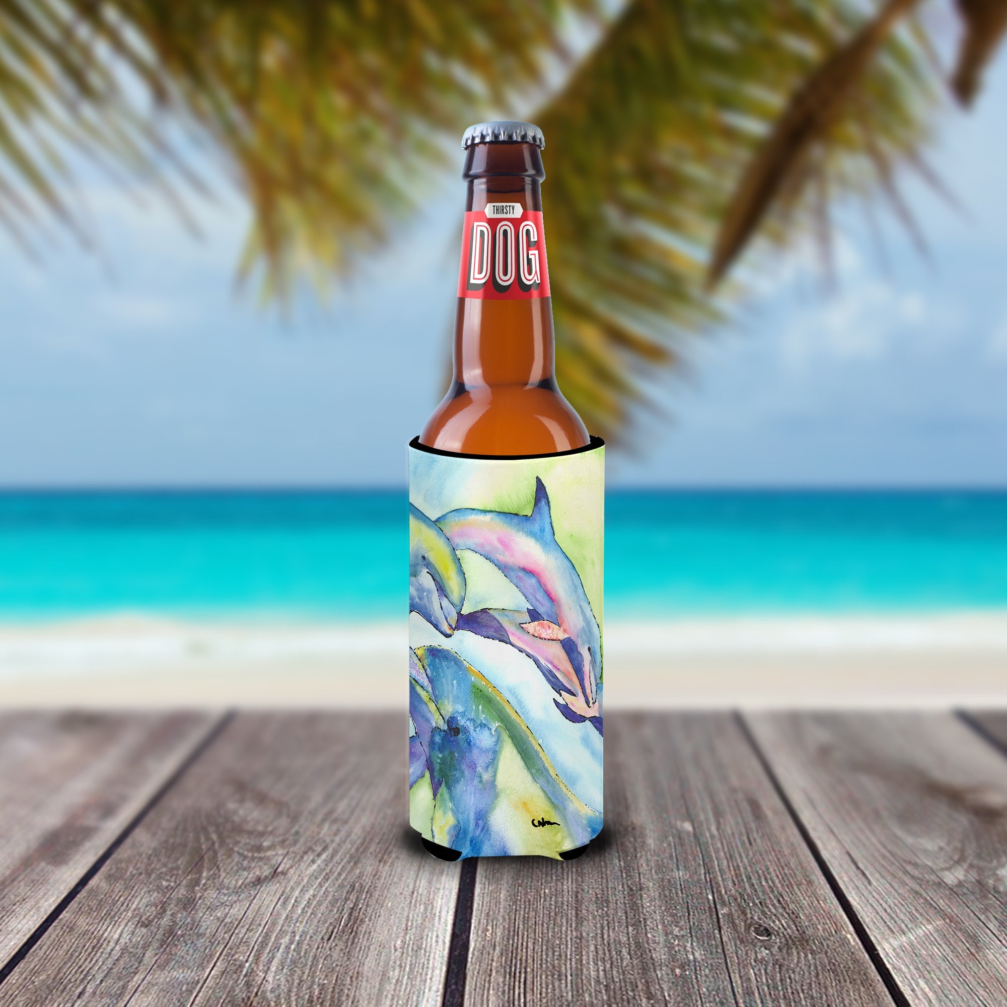 Dolphin Slim Can Hugger , Insulated Foam Hugger for 12 oz Slim Cans, Beer Bottles & Water Bottles, Printed in USA