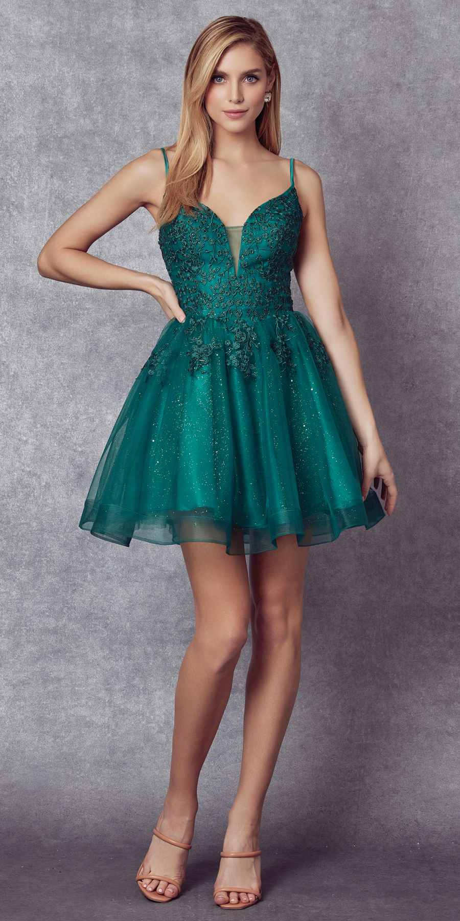 Juliet 859 Short Floral Applique Glitter Tulle A-Line Dress