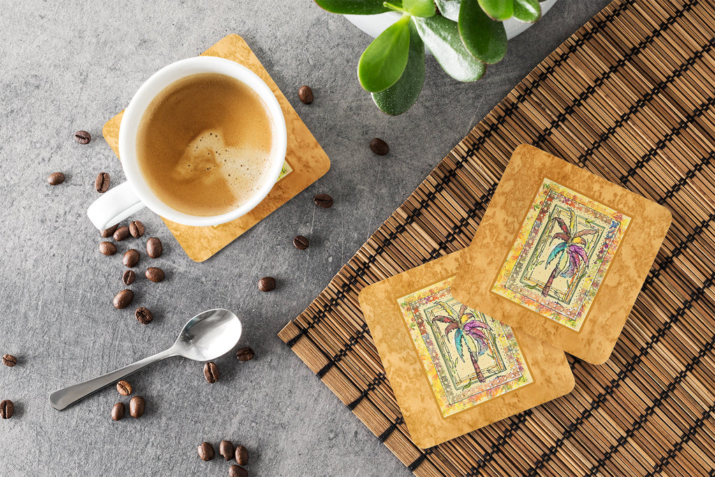Palm Tree Foam Coasters Set of 4 Cup Coasters for Indoor Outdoor, Tabletop Protection, Anti Slip, Mouse pad Material