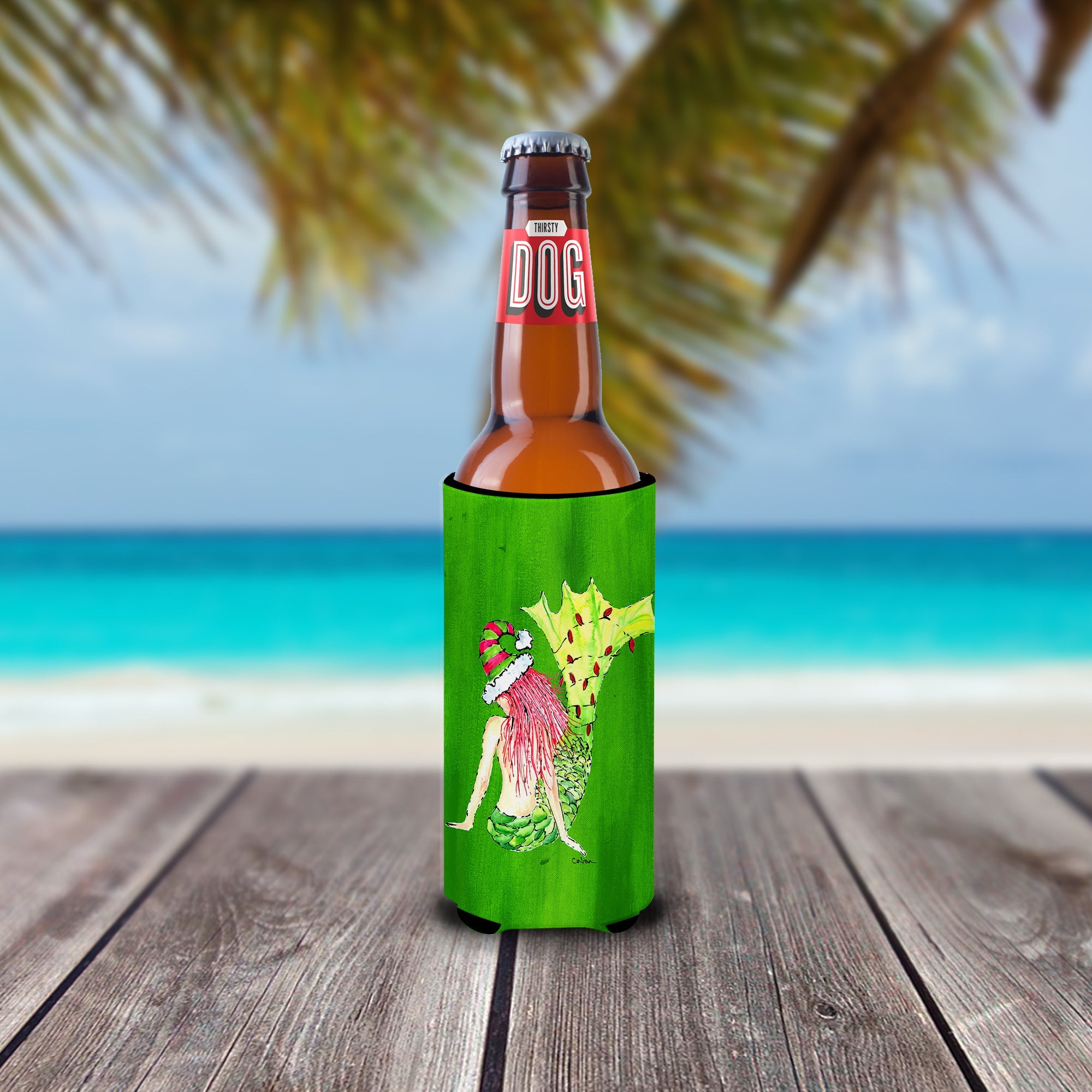 Christmas Mermaid in Lights Slim Can Hugger , Insulated Foam Hugger for 12 oz Slim Cans, Beer Bottles & Water Bottles, Printed in USA