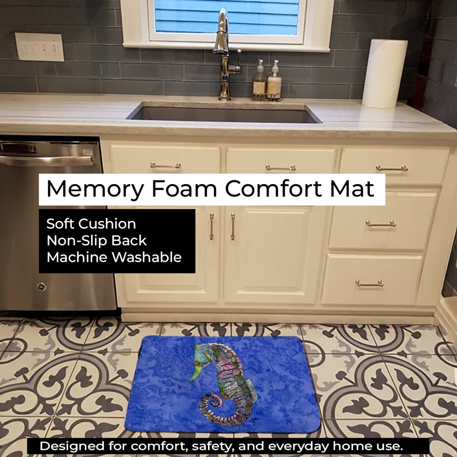 Seahorse Memory Foam Kitchen Mat Machine Washable Anti-Fatigue Cushion Comfort Bath or Kitchen Rug