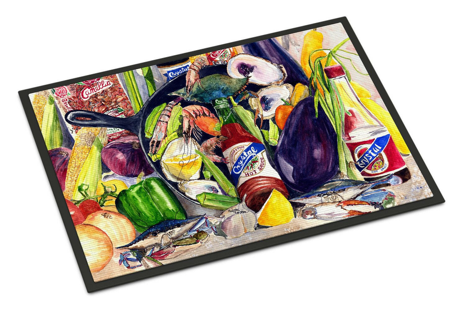 Crystal Hot Sauce with Camellia Beans and Black Skillet Doormat Indoor Outdoor 18H X 27W Front Door Mat Rugs for Entryway, Non Slip Washable