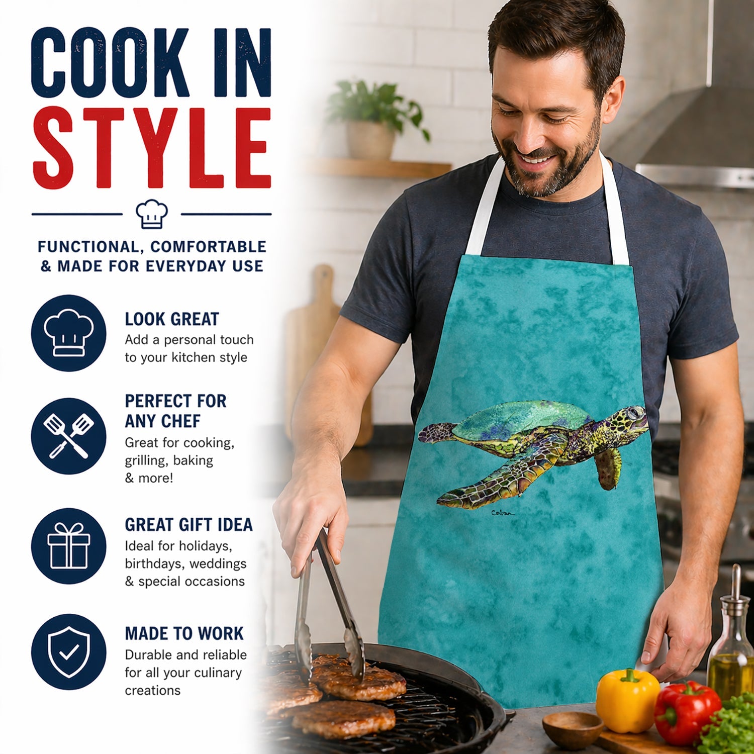 Turtle Apron Cooking Kitchen Server Baking Crafts Gardening for Adult Women Men, Unisex, Large, Multicolor