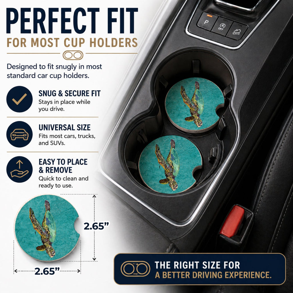 Turtle Set of 2 Cup Holder Car Coasters Absorbent Round Sandstone Coasters Gifts for Men or Women, 2.5, Multicolor