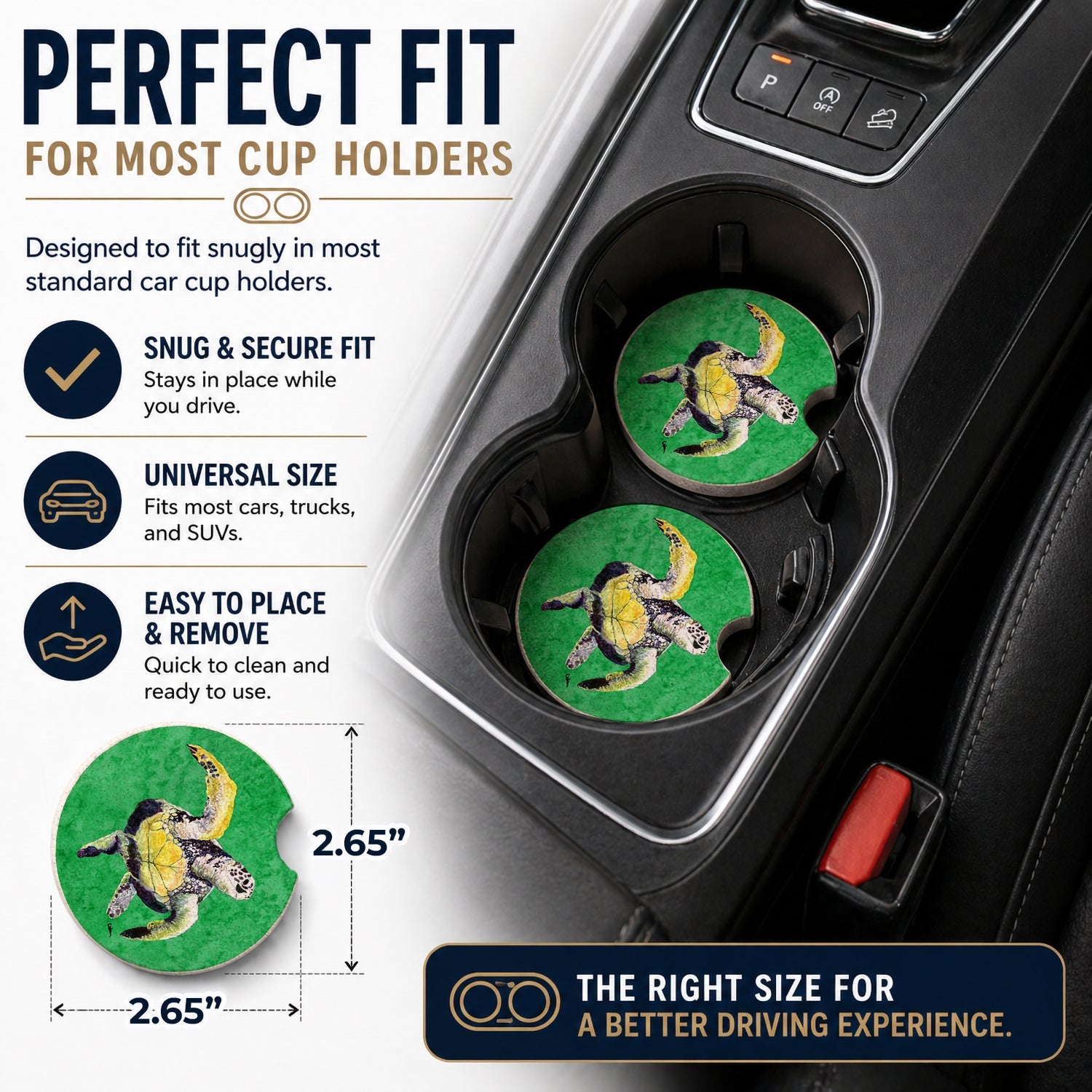 Turtle Set of 2 Cup Holder Car Coasters Absorbent Round Sandstone Coasters Gifts for Men or Women, 2.5, Multicolor