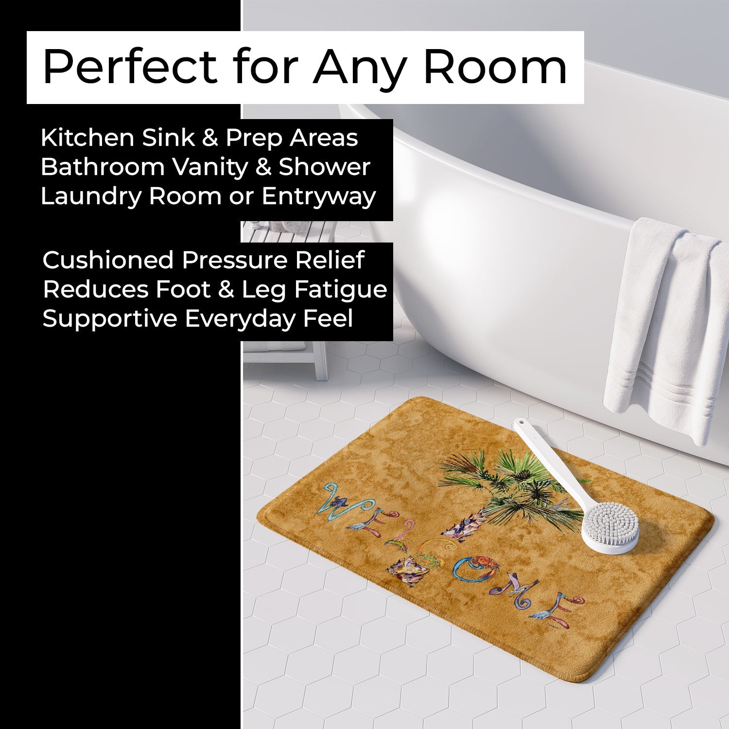 Welcome Palm Tree on Gold Memory Foam Kitchen Mat Machine Washable Anti-Fatigue Cushion Comfort Bath or Kitchen Rug